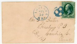 INDIANA PA-FANCY FACE CANCEL(blue)-3c BANKNOTE(cornerr wear)-SMALL ...