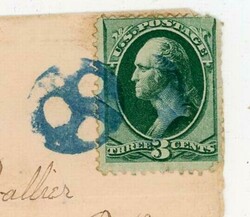 INDIANA PA-FANCY FACE CANCEL(blue)-3c BANKNOTE(cornerr wear)-SMALL ...