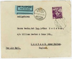 Austria Sc#370(single frank)-WIEN FLUGPOST-7/IV/37-AIR MAIL(label)-TO ...