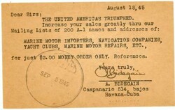 Cuba POSTAL CARD-HG:41-HAVANA-AGO/24/1945-TO USA-SCARCE-some toning.. ...