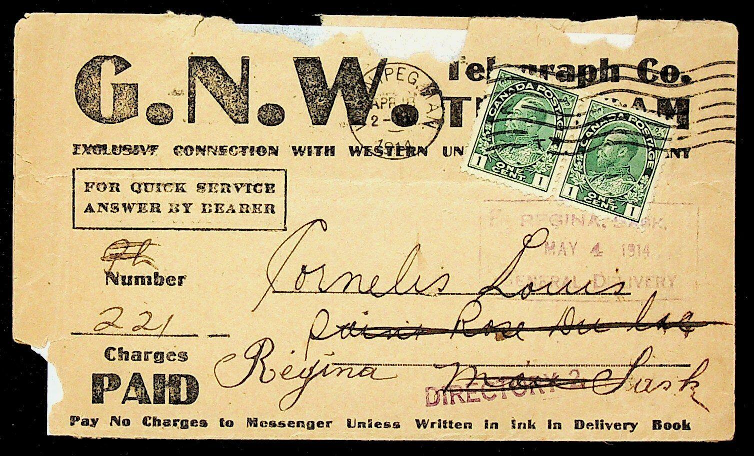 Canada 1914 WWI KGV 1cx2 on Cable & Telegraph Service cover from ...