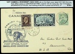 Canada 1933 First Flight Airmail Camsell River-Cameron Bay 1c ...