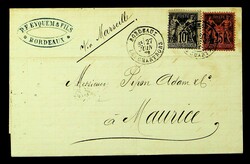 France 1879 Sage 2v on cover from Bordeaux via Marseille to Mauritius