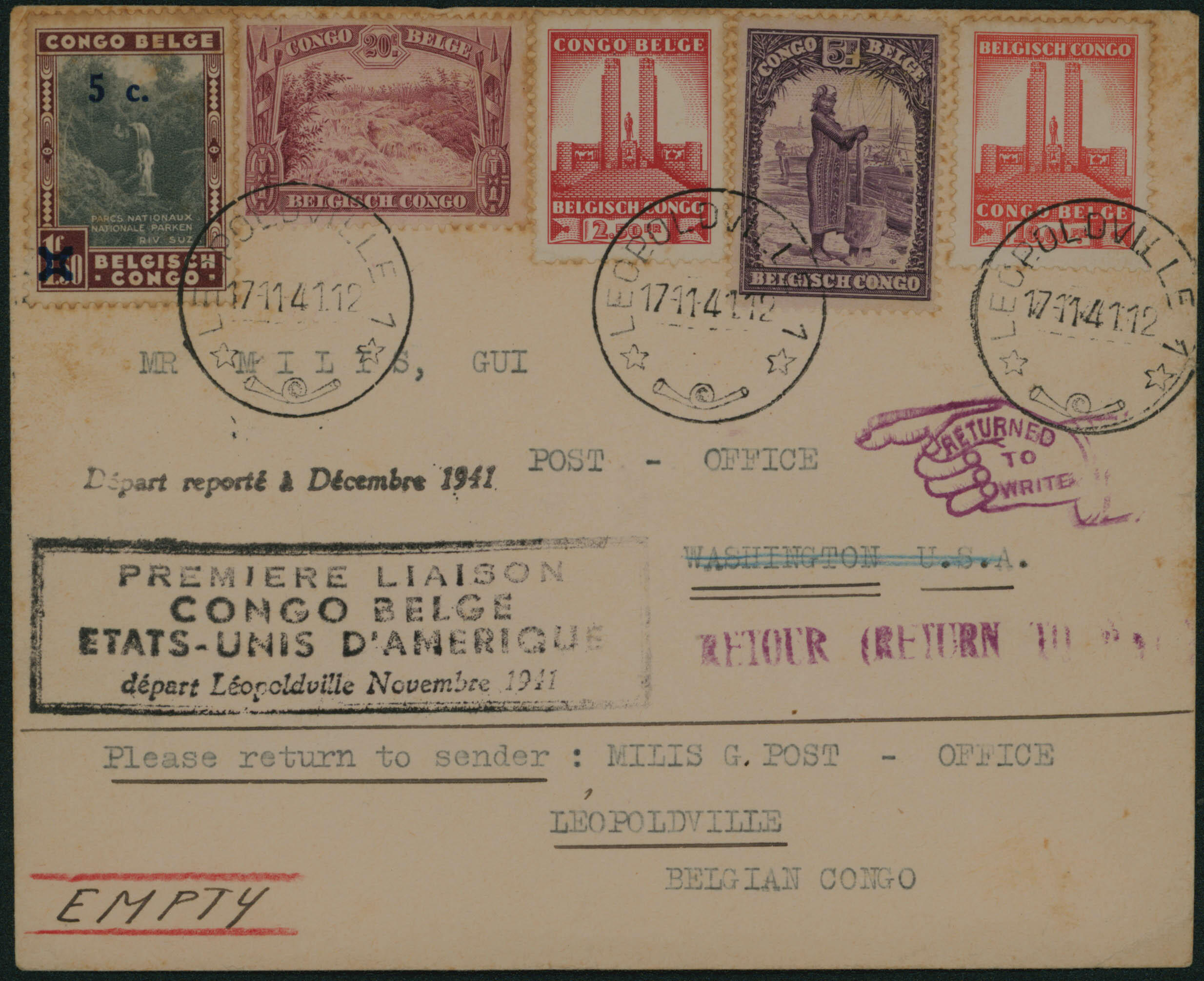 1941 170-181-221-224-226 obl Léopoldville 17/11/41 vers Washington. ...
