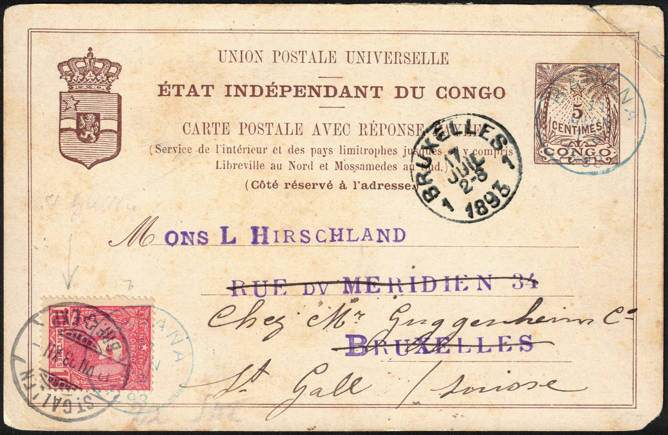 1893 EP 5c + 7 obl Banana 11/6/1893 vers Bruxelles, càd 17/7/93 et ...