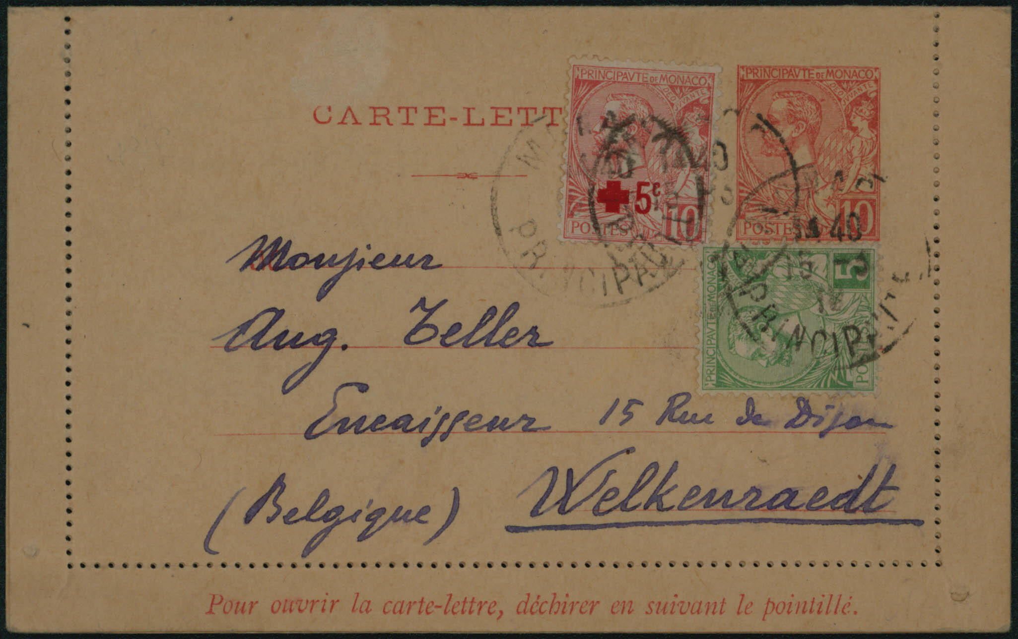 1919 CL 10c + Yv. 22-26 vers Welkenraedt, Belgique. Texte à ...