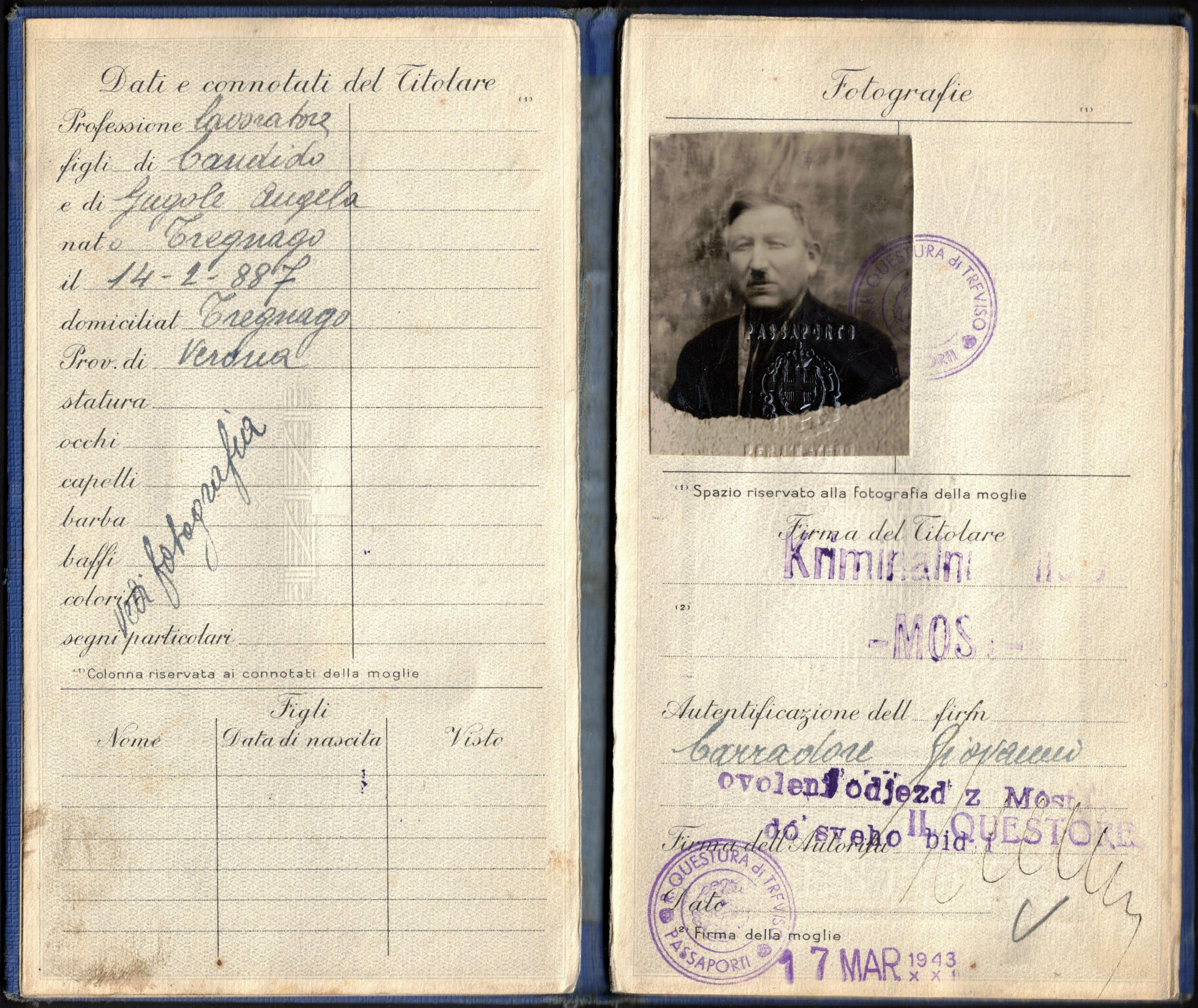 1943 Passport pour l'étranger - Questura di Treviso 17/3/1943 + ...