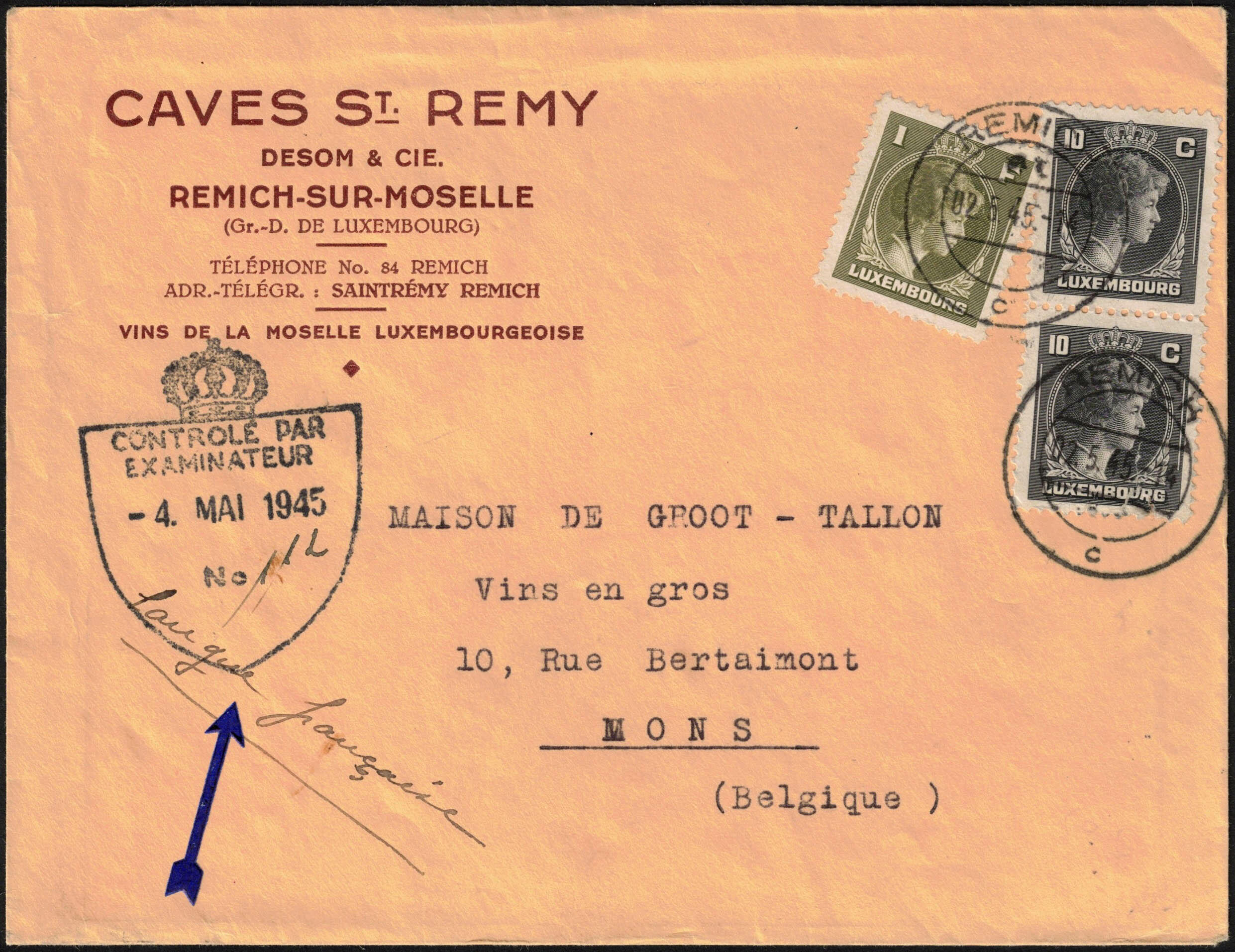 1945 Yv. 335x2-345 obl Remich 2/5/45 sur env à entête 'Caves St ...