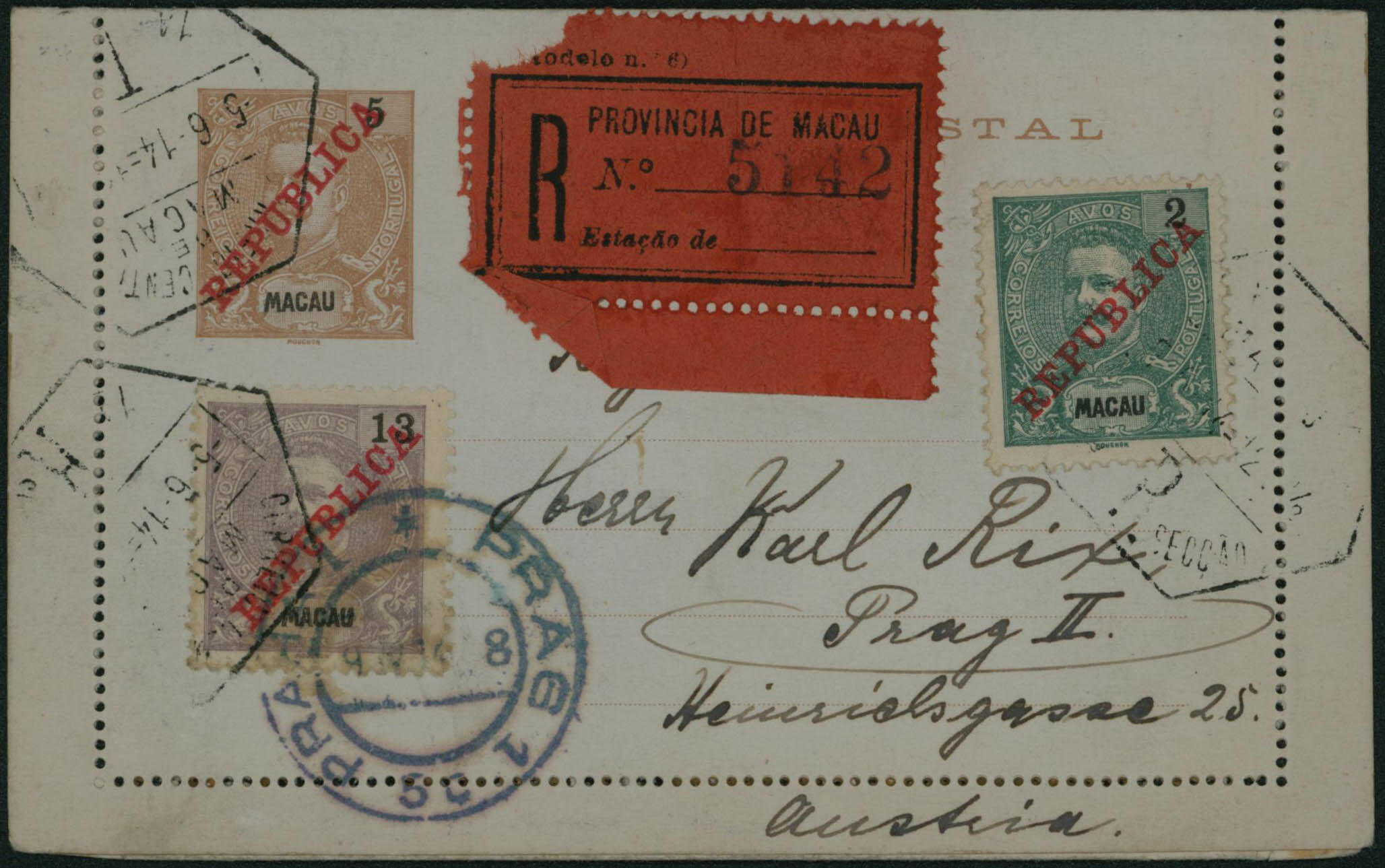 1914 Macao - CL 5a + Yv. 151-158 obl du 5/6/14 en rec vers Prague, ...