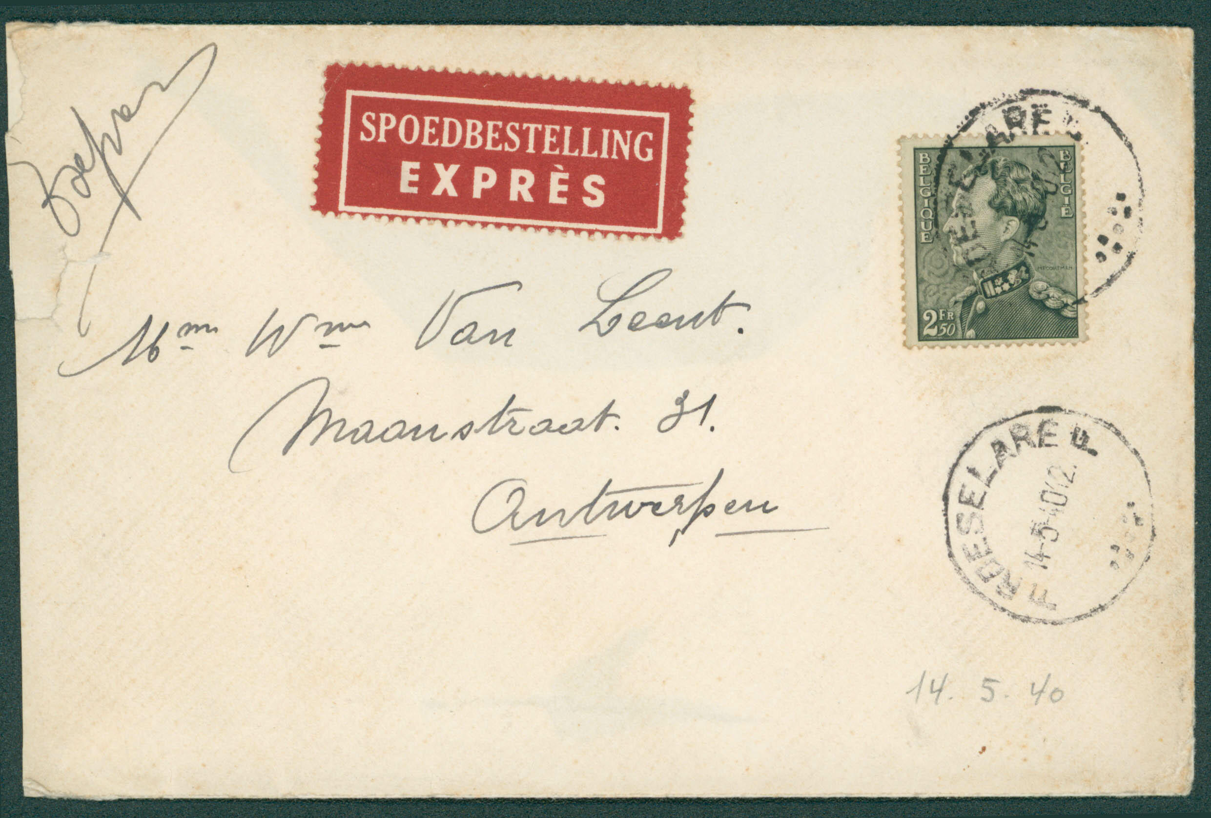 1940 530 obl Roeselare 14 mai 1940 en expres vers Antwerpen