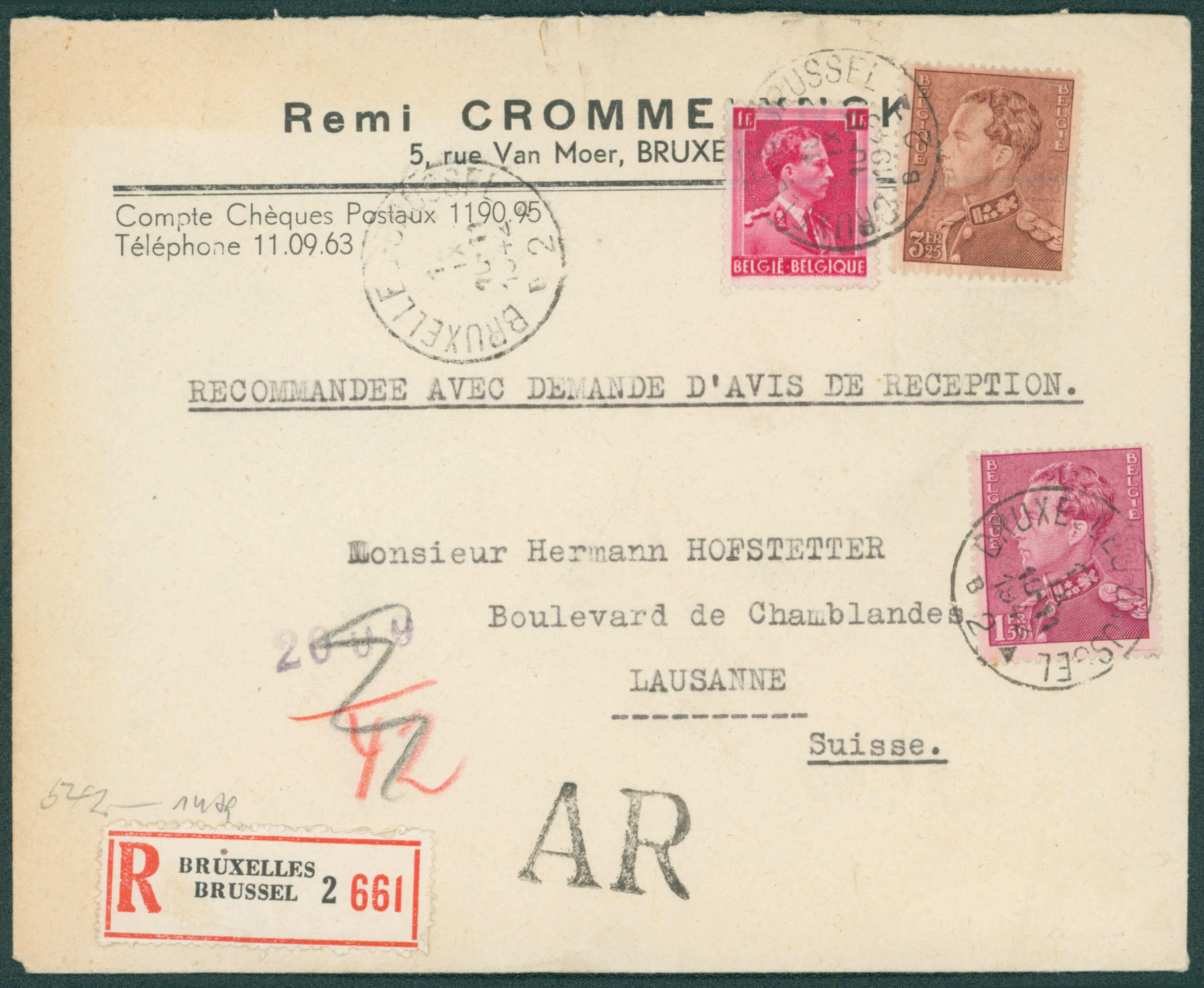 1942 429-528-531 rec. AR Bruxelles vers Lausanne, Suisse. Bande de ...