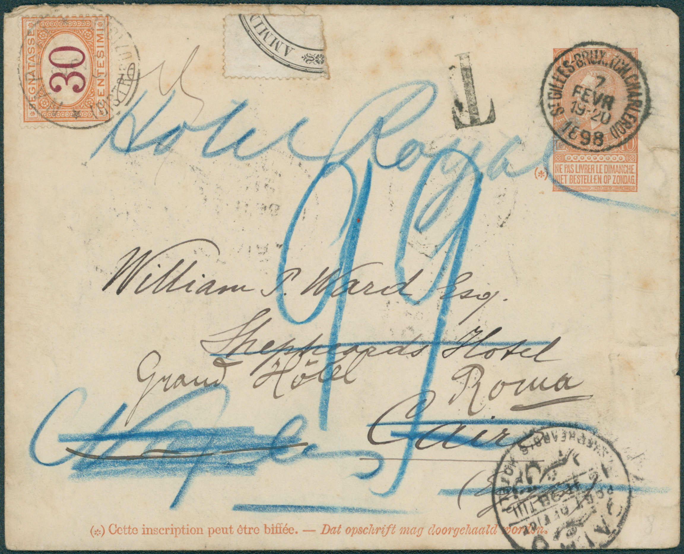 1898 Env EP 10c fine barbe obl St Gilles-Bruxelles (Ch. Charleroi) ...