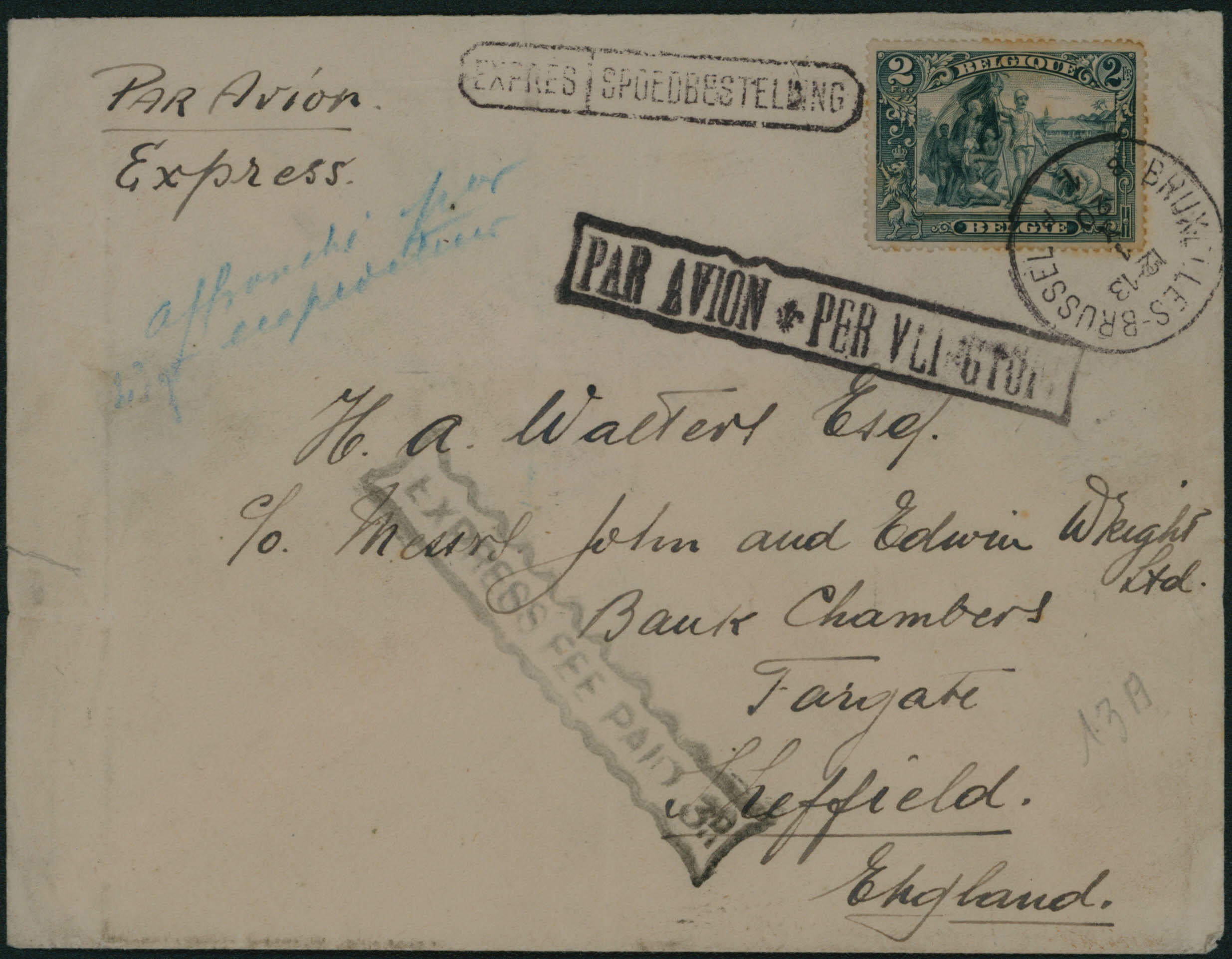 1920 146 obl Bruxelles 1/10/20 en expres vers Sheffield, G.B. Griffe ...