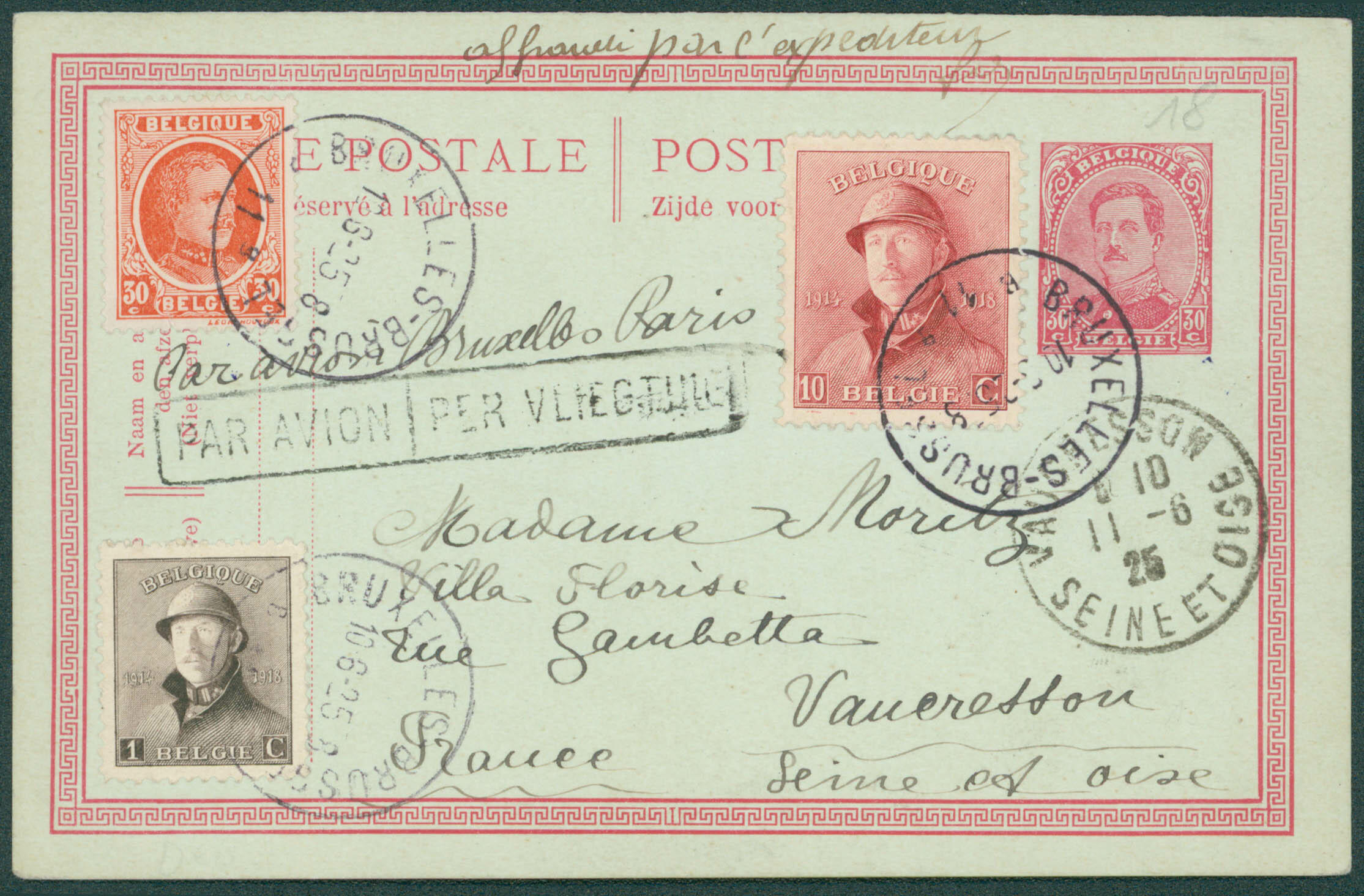 1925 EP 30c + 165-168-200 obl Bruxelles 10/6/25 en PA, griffe ...