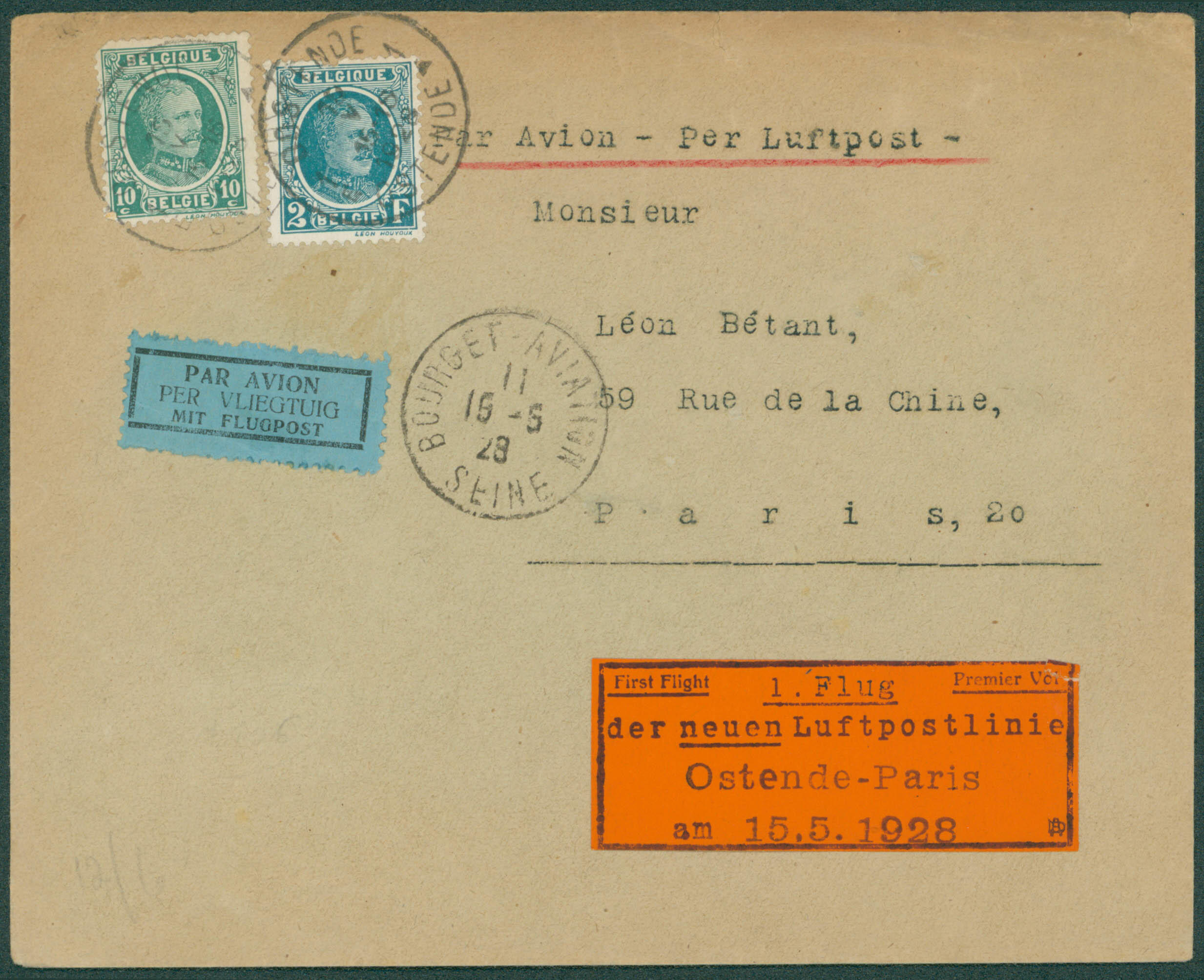 1928 194-208 obl Oostende 10/5/28 vers Paris. Etiquette rouge '1 Flug ...