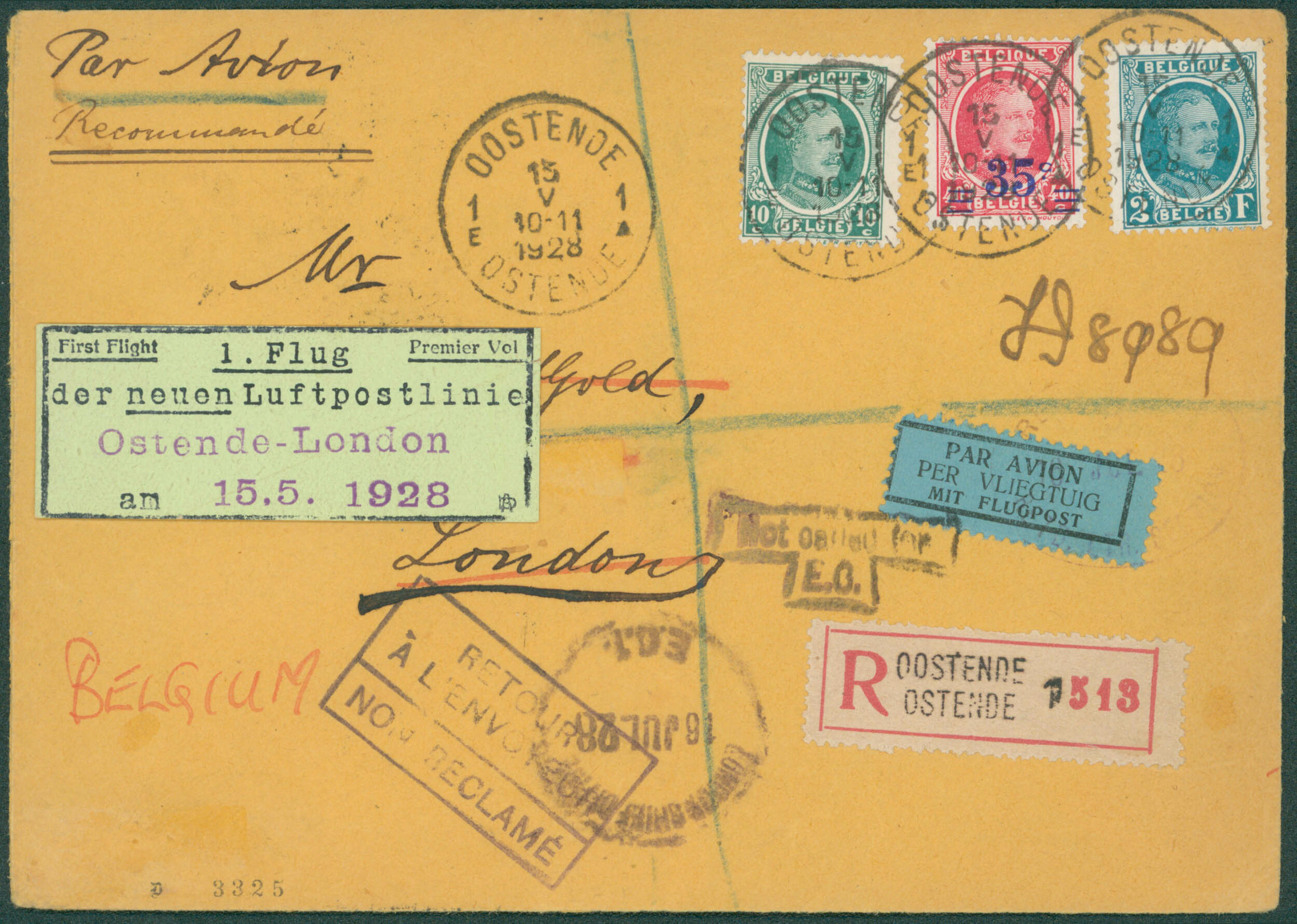 1928 194-208-247 obl Oostende 15/5/1928 en rec vers Londres. ...