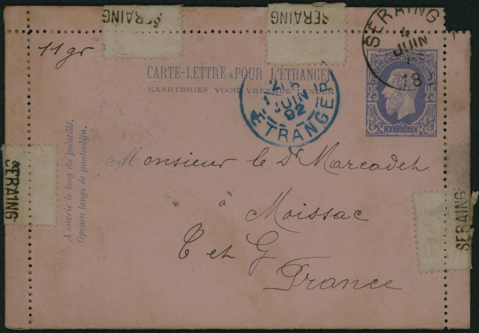 1892 CL 25c obl Seraing 4/6+92 vers Moissac en France, càd verso 6/6 ...