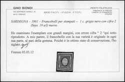 1861 Sardaigne - Sass. 19a/l X, 1c gris noir avec chiffre '2', cote ...