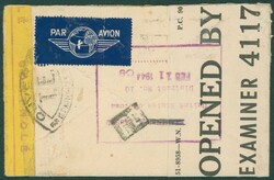 1944 Algérie - Yv. 125-182/3 obl Bone vers New-York. Bandes & cachet ...