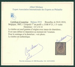 1865 21 X - coins arrondis - Certificat photo Balasse, A. Michaux
