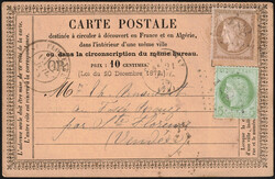 1874 Yv. 58 entaillé par monogramme CA sur CP annonces 10c, ...