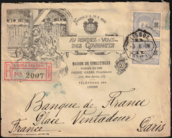 1908 Yv. 133x2 obl Lisbonne 3/5/08 env illustrée 'Au rendez-vous des ...