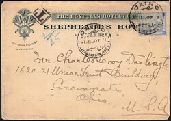 1907 Egypte - Yv. 34 obl Shepheard's Hôtel Le Caire 20/3/07 sur env ...