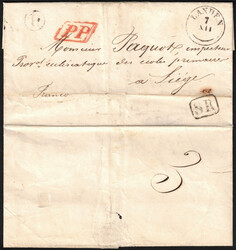 1843 LAC obl T 18 Landen 7/12 + SR, P.P. et boite U, vers Liège. Au ...