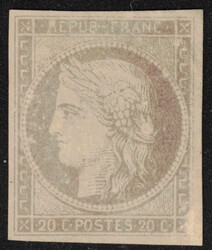 Type Cérès - Essai 20c bistre, bien margé. Cote 150?