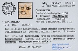 Österreich 1850 1 Kreuzer FB Nr. 1 „braunorange“ HP Type Ia ...