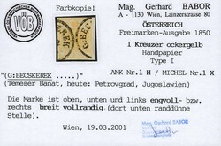 Österreich 1850 1 Kreuzer FB Nr. 1 „ockergelb“ HP Type I ...