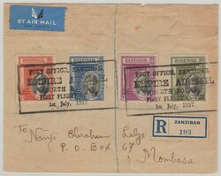 Zanzibar, 1937, Erstflugbrief mit netter MiF, auf Einschreiben- Lupo- ...