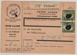 Felpost- Paketkarte, 1943, mit Einlieferungsabschnitt + DR- Mi.- Nr.: ...
