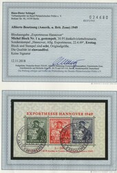 Bizone, 1949, Mi.- Nr.: Bl. 1 a, gestempelt, mit ESST!, Befund ...