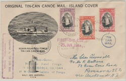 Tonga, 1944, 9 d. MiF auf Tincan- Mail (vs. und rs. zugepflastert mit ...