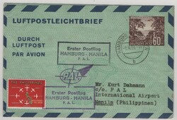BRD, 1953, 60 Pfg.- Luftpostleichtbrief, gelaufen als Erstflugbeleg ...