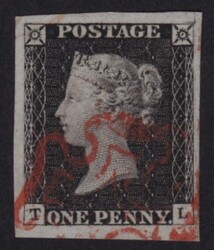 1d Black (TL) Plate 2-Very Fine used with 4 good to mostly large/huge ...