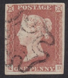 1841 1d Red (QD) Plate 2- Very Fine used with 4 good/wide margins- ...