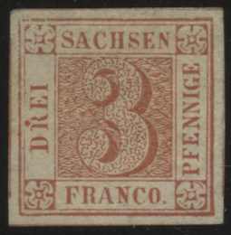 1850, 3 Pf ziegelrot sog. Sachsendreier, allseits sehr breitrandiges, ...