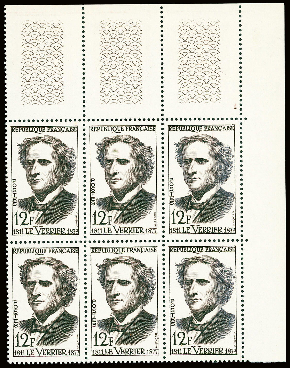 N°1147a 12f Le Verrier, variété couleur brun-noir en bloc de 6, ...