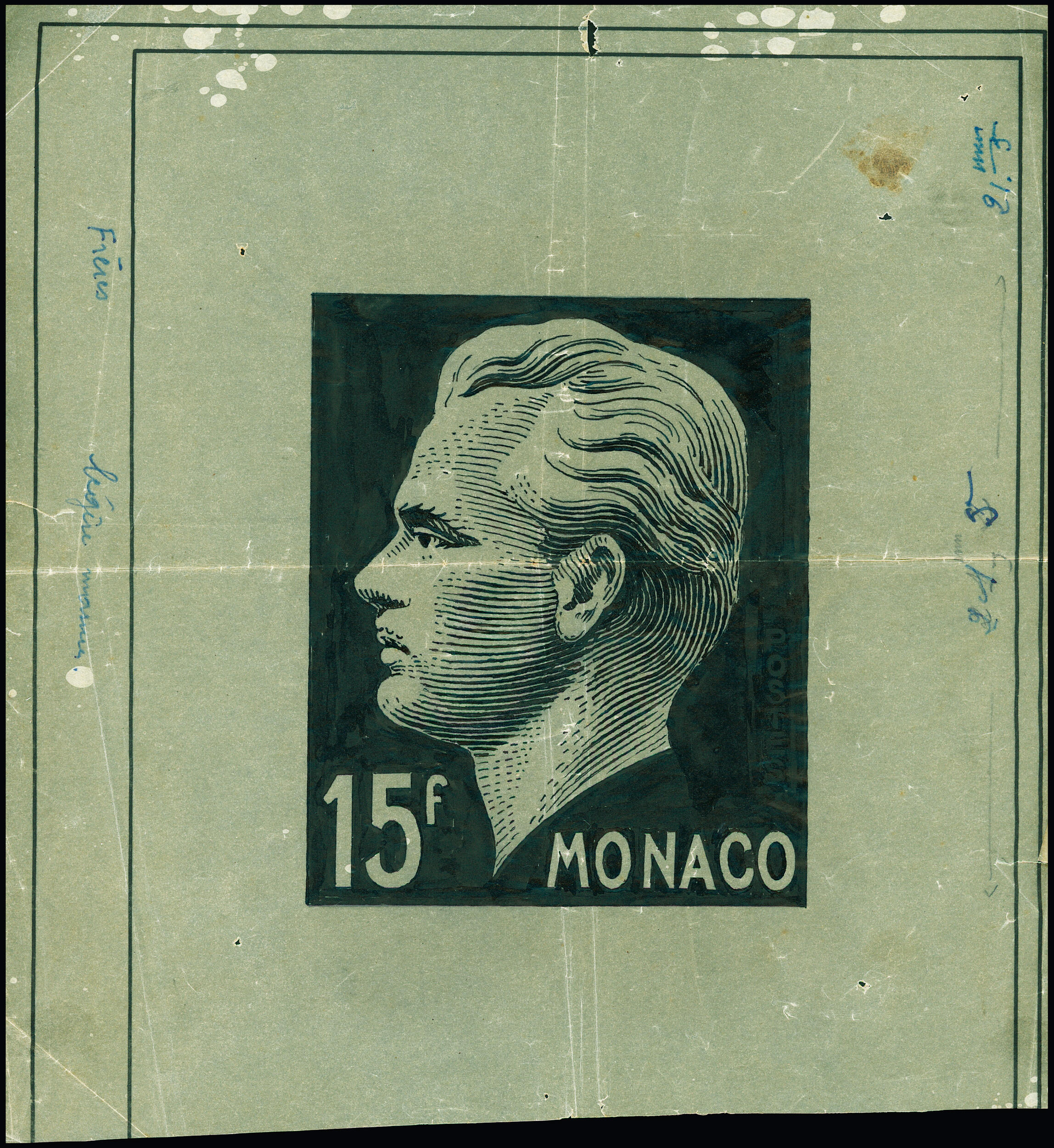 N°348 Prince Rainier III, 15f , dessin original sur calque provenant ...