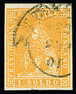 1857 1s. Ocher, wmk wavy lines, fresh strong shade, top marginal ...