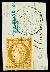 N°1 10c bistre-jaune obl. grille sans fin sur fragment avec càd ...