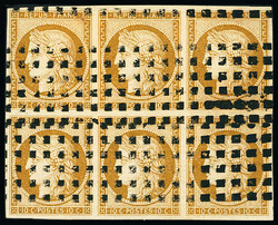 N°1 10c bistre-jaune, bloc de six, obl. gros points annulation de ...