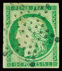 N°2 15c vert obl. étoile, TB. Signé Calves