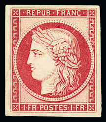 N°6f 1f carmin, réimpression de 1862, neuf *, TTB. Signé Calves