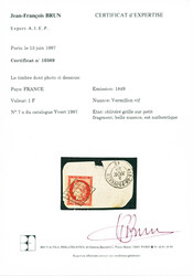 N°7a 1 franc vermillon vif, bien margé, obl. grille propre, sur ...