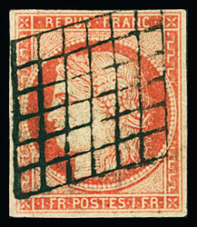 N°7a 1f vermillon vif, obl. grille noir, infime épidermure de ...