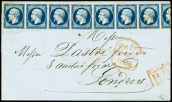 N°14 20c bleu foncé en bande de 8 sur lettre pour Londres 1856, qq ...