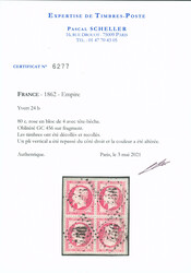 N°24b 80c rose TETE-BECHE dans un bloc de 4 obl. GC 456 de Besançon ...